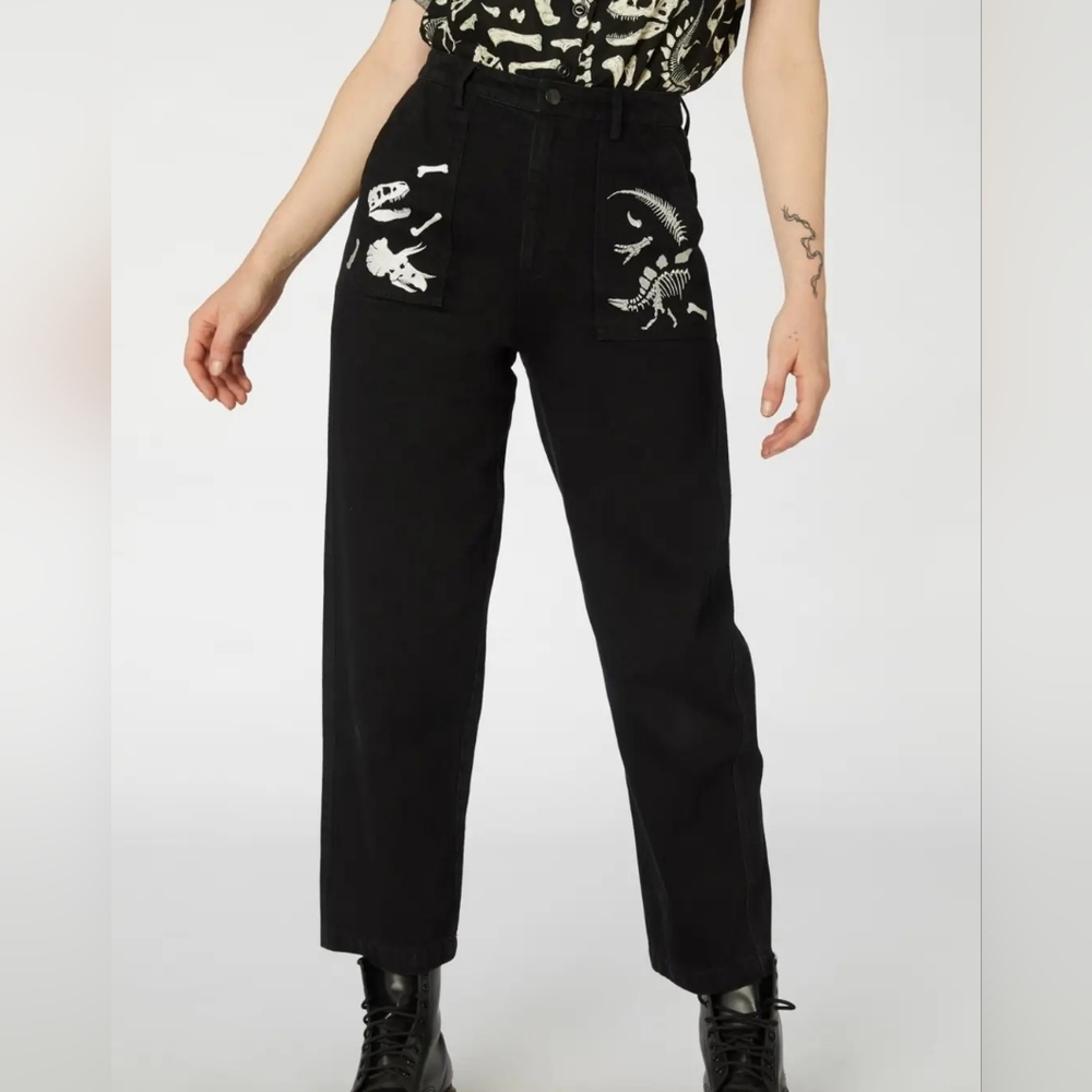 Dangerfield AU Sz 8 - Black Dinosaur Embroidered Jeans - Jurassic, High Rise